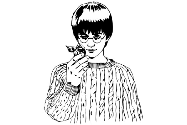 A Whimsical Illustration of a Young Boy with a Bird in His Hand, Wearing a Cozy Sweater and Glasses, Set Against a Plain Background.