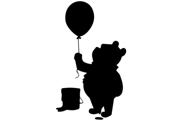 A Silhouette of a Silly Scene: A Bear with a Balloon and a Bucket
