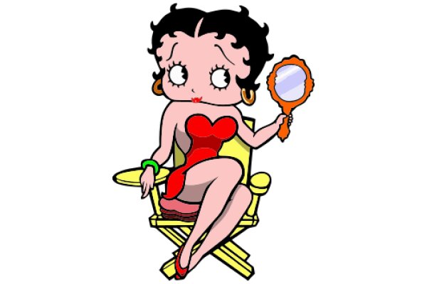 A Whimsical Cartoon of a Woman with a Mirror, Sitting on a Chair