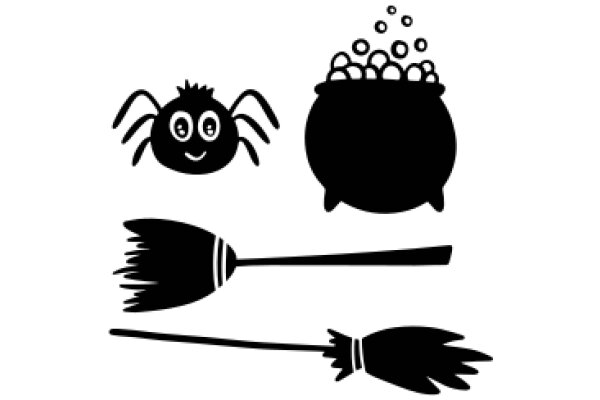 A Playful Scene of a Spooky Spider, a Witch's Broom, and a Cauldron of Bubbling Potions