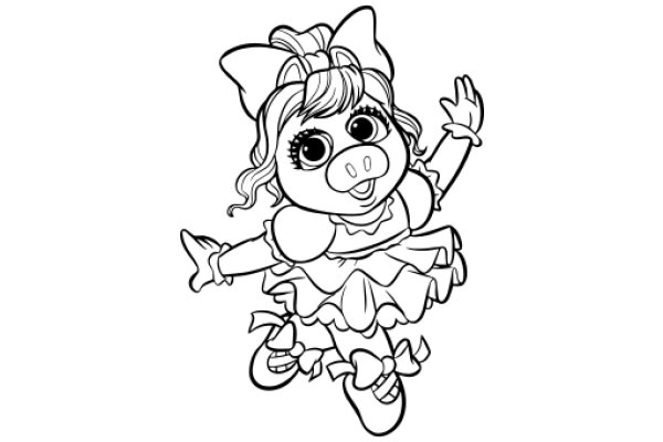 Whimsical Cartoon of a Pig in a Dress, Waving Goodbye