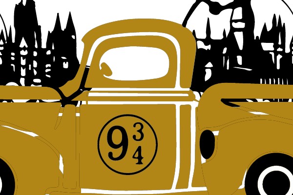 Whimsical Vintage Truck with Magical Castle Silhouette