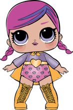Vividly Styled Cartoon Character: A Purple-Haired Superhero in a Pink and Purple Costume with Yellow Boots