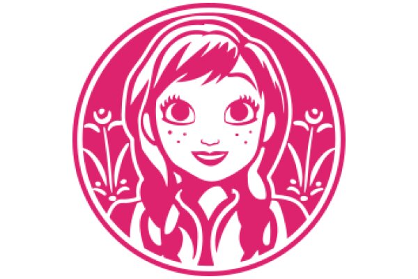 Stylized Portrait of a Young Girl with Pink Hair and Eyes, Surrounded by Floral Designs