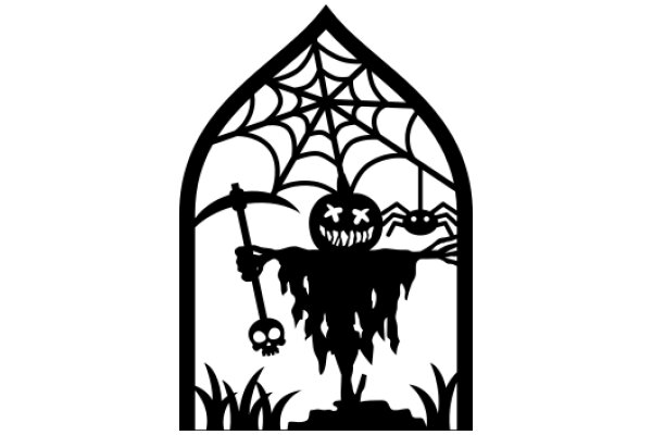 A Silhouette of a Spooky Scene: A Pumpkin-Headed Figure with a Pickaxe, Surrounded by Spider Webs and Grass