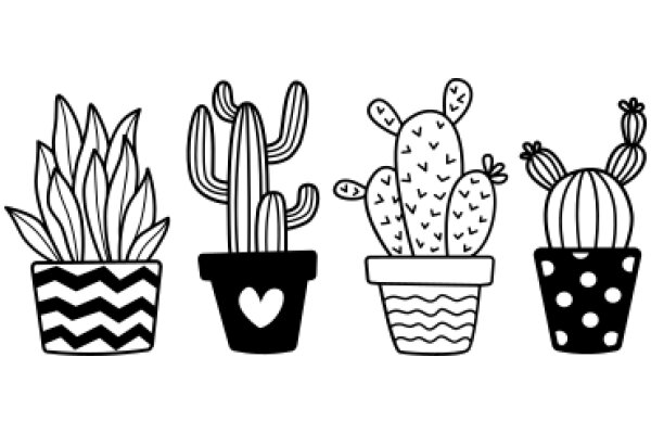 A Lineup of Four Iconic Cactus Plants, Each in a Different Pot, Showcasing the Diverse Appearances of Cacti