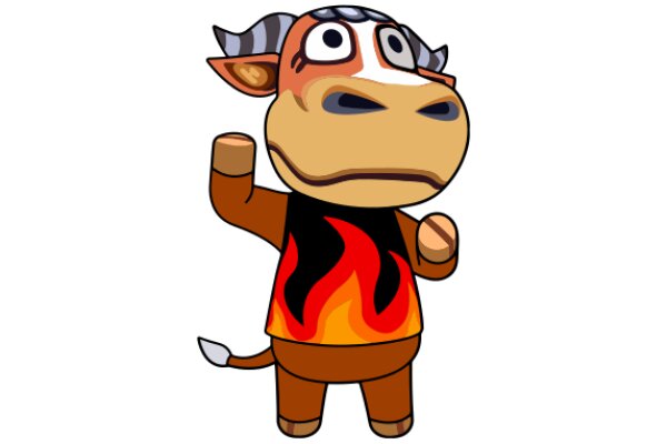 A Playful Cartoon of a Cow with a Flame Design on Its Back, Standing with Its Front Legs Raised and a Happy Expression.