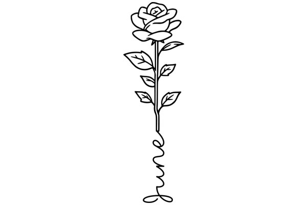 A Simple Line Drawing of a Rose with Stems and Leaves