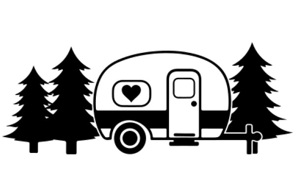 A Silhouette of a Camper and Trees, with a Heart on the Camper's Window