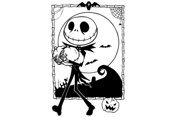 A Halloween-themed illustration featuring a Jack Skellington character holding a pumpkin, with a spooky background and a bat flying nearby.
