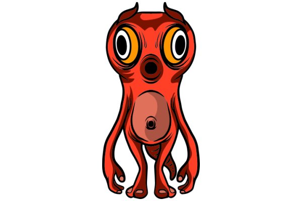 Vividly Illustrated Red Cartoon Character with Yellow Eyes and a Belly Button, Standing on Four Legs