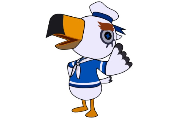 An Adorable Cartoon Character: A Blue and White Sailor Duck with a Captain's Hat and a Blue Tie.