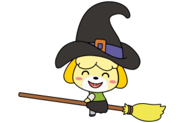 A Delightful Encounter: A Friendly Cartoon Character with a Witch's Hat and a Broomstick