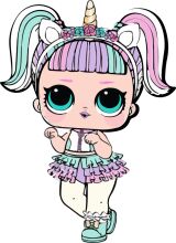 A Whimsical Cartoon Character: A Pink-Haired Unicorn with a Purple Dress and Blue Eyes