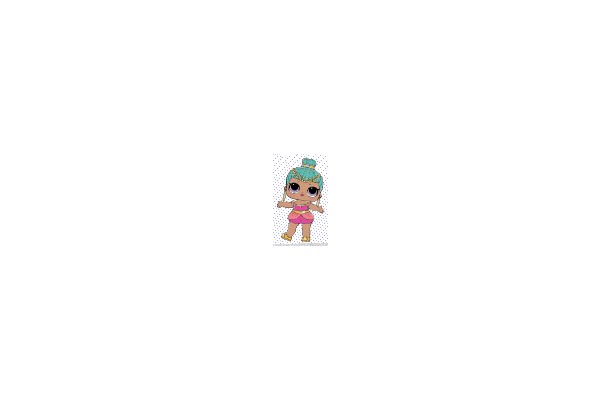 A whimsical, cartoon-style depiction of a young child with striking blue hair and oversized eyes, wearing a pink dress with a gold belt and sandals, set against a white polka dot background.