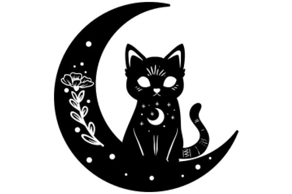 Moonlit Silhouette of a Cat with a Flower