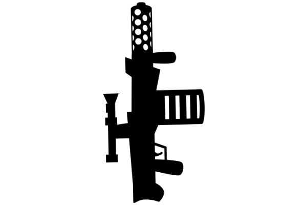 Silhouette of a Gun and a Barrel, with a Cone on Top, on a White Background
