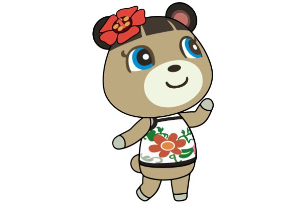 Adorable Cartoon Bear with a Flowery Shirt and a Red Flower on its Head