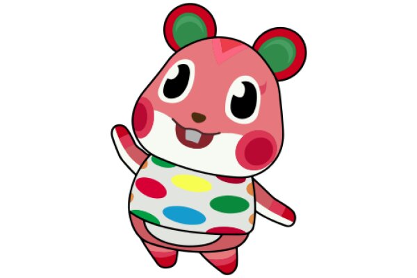 Cute Cartoon Character: A Pink and Red Stuffed Animal with a Polka Dot Shirt and Big Eyes