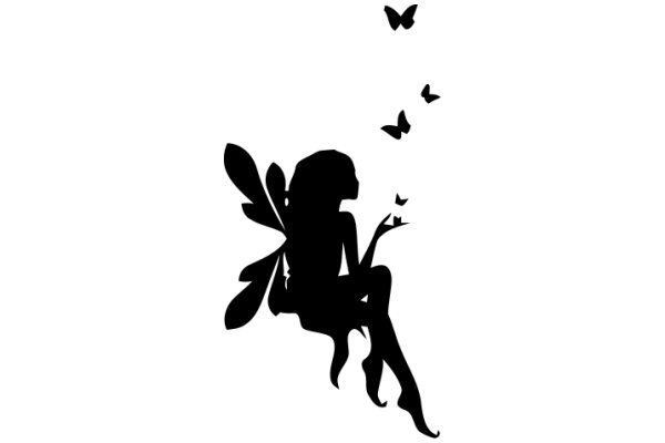 Silhouette of a Butterfly and a Woman with a Flower in Her Hair, Surrounded by Butterflies