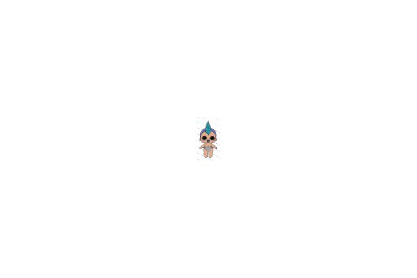 Cartoonish Blue-haired Character in Gray Diaper.