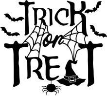 Halloween-themed poster with the phrase 'Trick or Treat' and various Halloween elements.