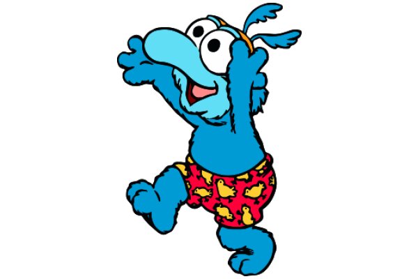 Cute Cartoon Character: A Blue Dog with a Big Smile and Yellow Chicken Prints