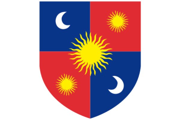 Vibrant Shield Emblem with Symbolic Suns and Crescent Moon