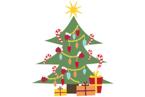 A Festive Christmas Tree Illustration with Gifts and Candy Canes