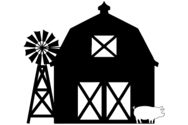 A Silhouette of a Rural Scene: A Barn, Windmill, and Pig