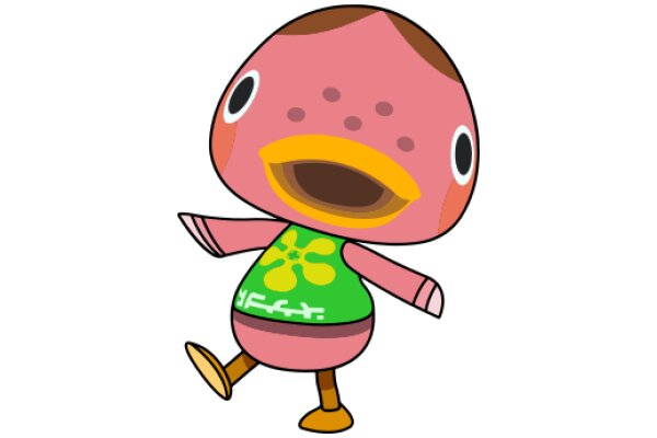 A Playful Pink Cartoon Character with a Yellow Beak and a Green Shirt, Standing on One Leg and Making a Surprised Expression.