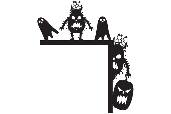 A Spooky Halloween Scene with Monsters and Pumpkins