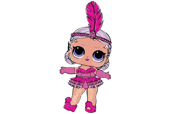A Whimsical Character: A Pink-Haired Doll with a Feathered Hat