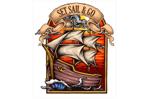 Vintage Nautical Art: A Stylized Illustration of a Ship and Sail with a Rustic Frame and a Banner that Reads 'SET SAIL & GO'.