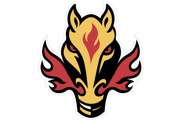 A stylized depiction of a mythical creature with fiery motifs.