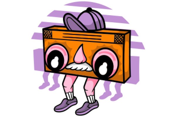 An Illustrated Character with a Purple Cap and Orange Box, Standing in a Purple and White Striped Background.