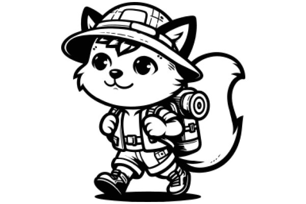 Adventurous Explorer: A Whimsical Cartoon of a Fox-like Creature with a Backpack and a Hat