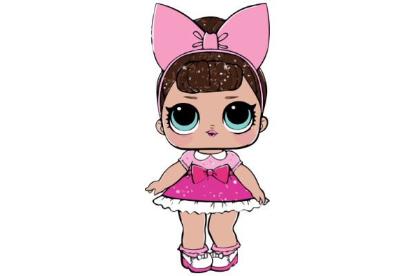 Adorable Cartoon Character: A Pink-Haired Girl with a Pink Bow and Pink Dress, Standing Against a White Background.