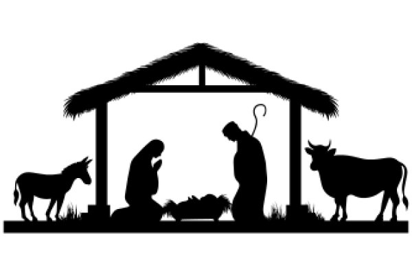 A Silhouette of a Peaceful Scene: A Barn, Animals, and a Family Gathering