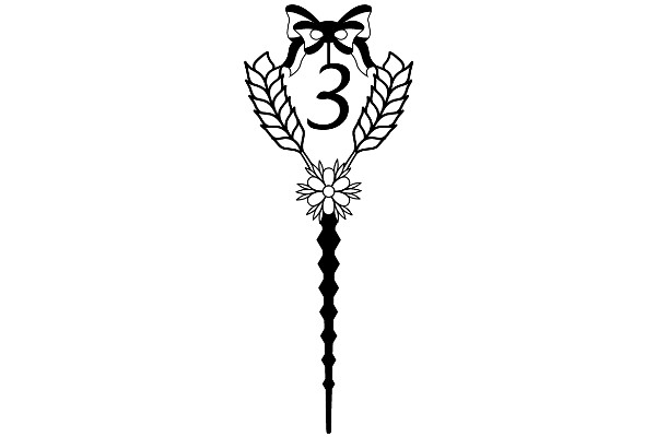 Stylized Number Three with Bow and Leaf Design,