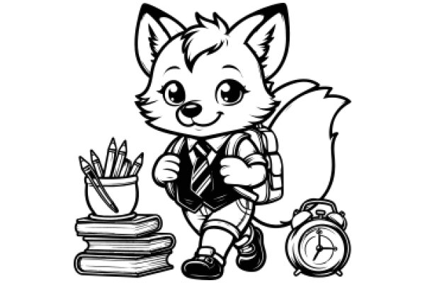 Adorable Cartoon Fox Character with Backpack and Pencil Case, Standing Next to Books and a Clock