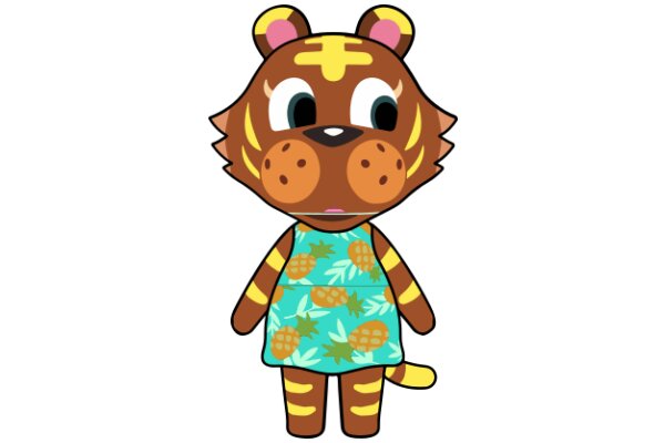 An Adorable Cartoon Character: A Brown and Yellow Cat with a Blue Hawaiian Shirt and a Cookie Face, Standing on Two Legs.