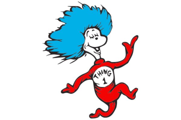 Whimsical Cartoon Character: A Red and Blue Character with a Big Smile and a Sign that Says 'Thing 1'.