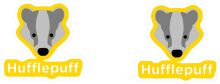 A Pair of Stickers Featuring a Gray Wolf and the Word 'Hufflepuff' in Yellow