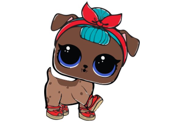 Stylish Pixel Art of a Cute Dog with a Red Bow and Blue Hair