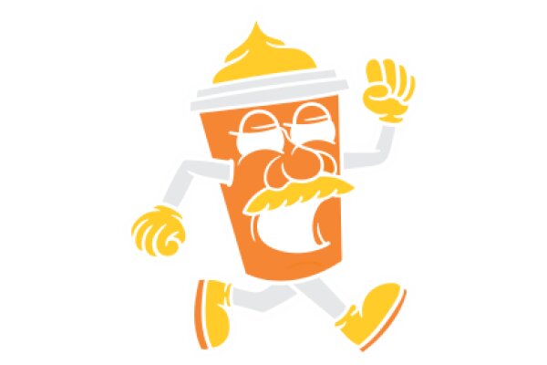 Vibrant Cartoon Character: A Delightful Cup of Coffee with a Friendly Smile and a Yellow Hat, Ready for a Run!