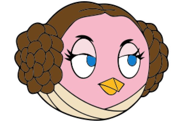 A Whimsical Portrait of a Character with a Pink Face and Brown Hair, Wearing a Scarf and a Yellow Beak, with a Curious Expression.