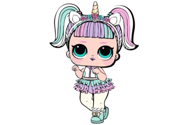 A Whimsical Character: A Cartoon Unicorn with a Purple Mane and Tail, Wearing a Pink Dress and Blue Hair, Standing on a White Background