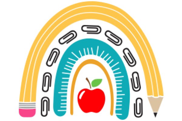 A Colorful Illustration of a Rainbow Arch with a Pencil, Apple, and Measuring Tape