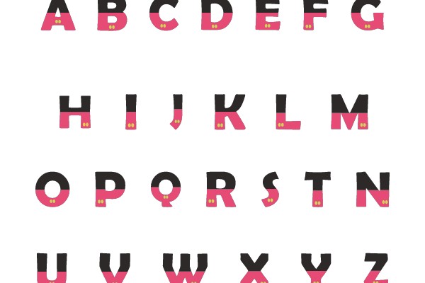Alphabet in Pink and Black with Yellow Accents